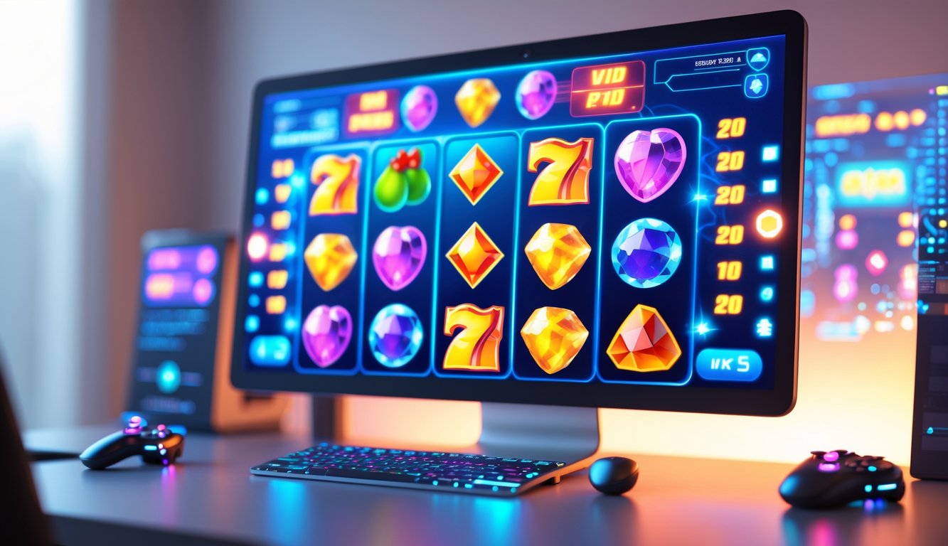 Tampilan layar komputer modern yang menampilkan permainan slot online dengan gulungan berwarna-warni dan simbol menarik, di meja kerja yang bersih dan terang.