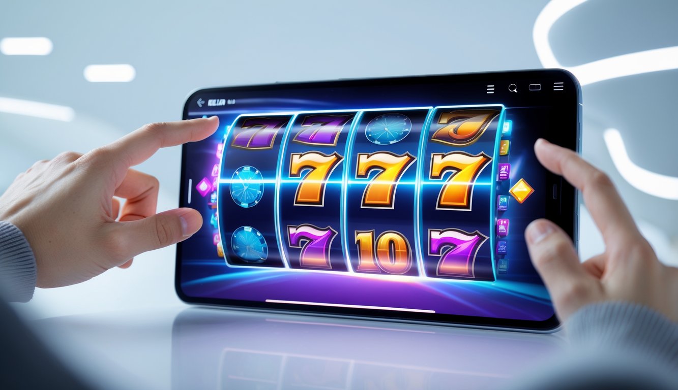 Tampilan layar perangkat digital dengan permainan slot online yang sedang berputar cepat dan responsif, dengan tangan yang menyentuh layar.