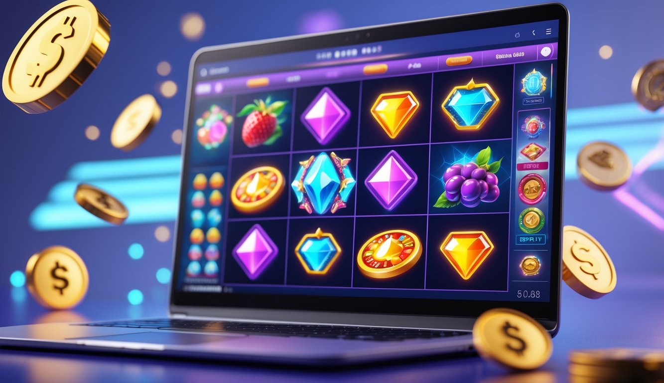 Sebuah layar komputer menampilkan permainan slot digital berwarna-warni dengan ikon buah, permata, dan simbol petualangan, dikelilingi koin virtual dan efek cahaya di latar belakang teknologi modern.
