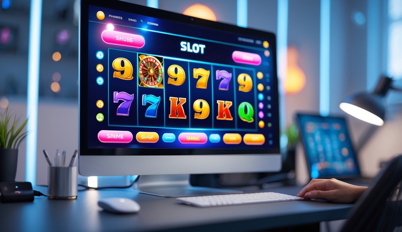 Layar komputer menampilkan permainan slot online modern dengan grafis berwarna-warni di meja kerja yang rapi dan pencahayaan lembut.