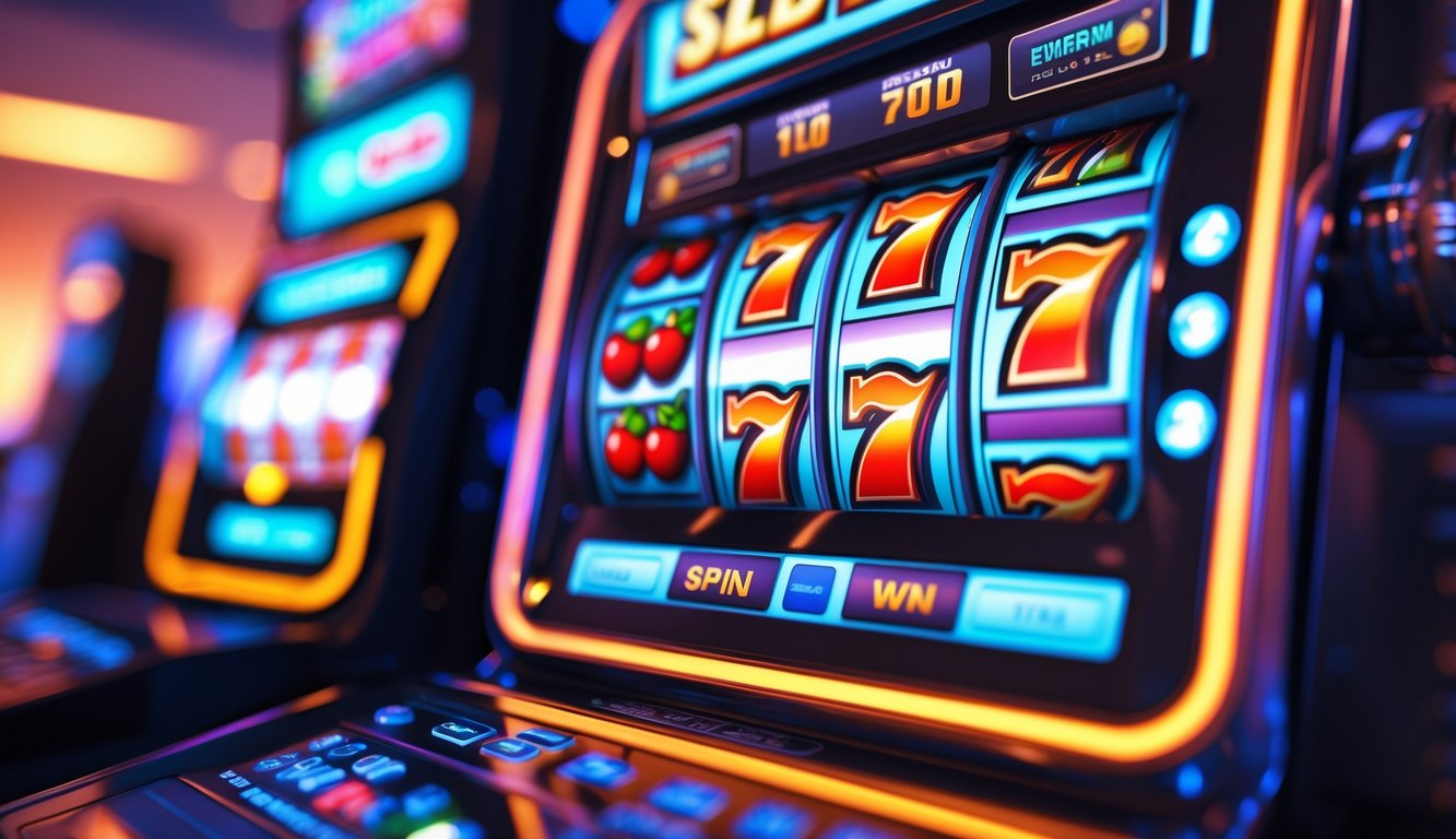 Seseorang bermain mesin slot online dengan layar yang menampilkan gulungan berputar penuh warna.