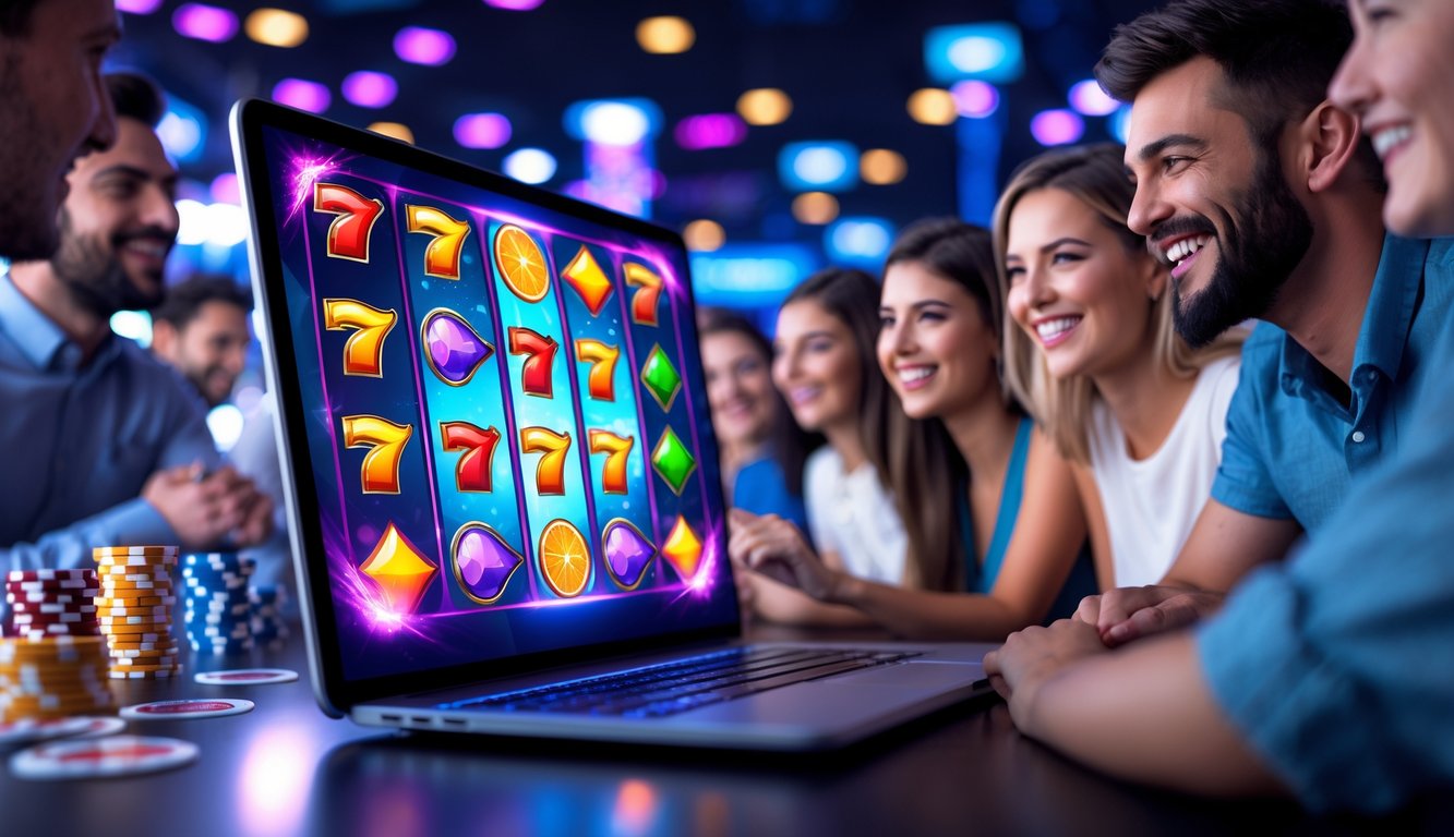 Seorang pemain yang menikmati permainan slot online yang dinamis di depan layar komputer dengan simbol slot berwarna-warni.