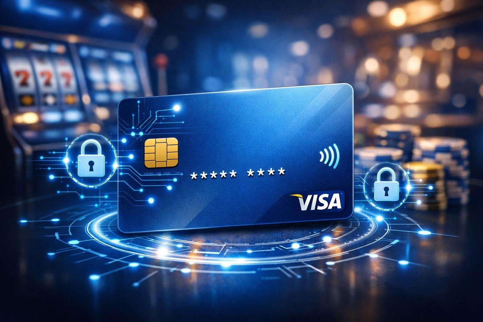 A Credit Card With Digital Security Icons In Front Of A Casino Background With Slot Machines And Poker Chips.