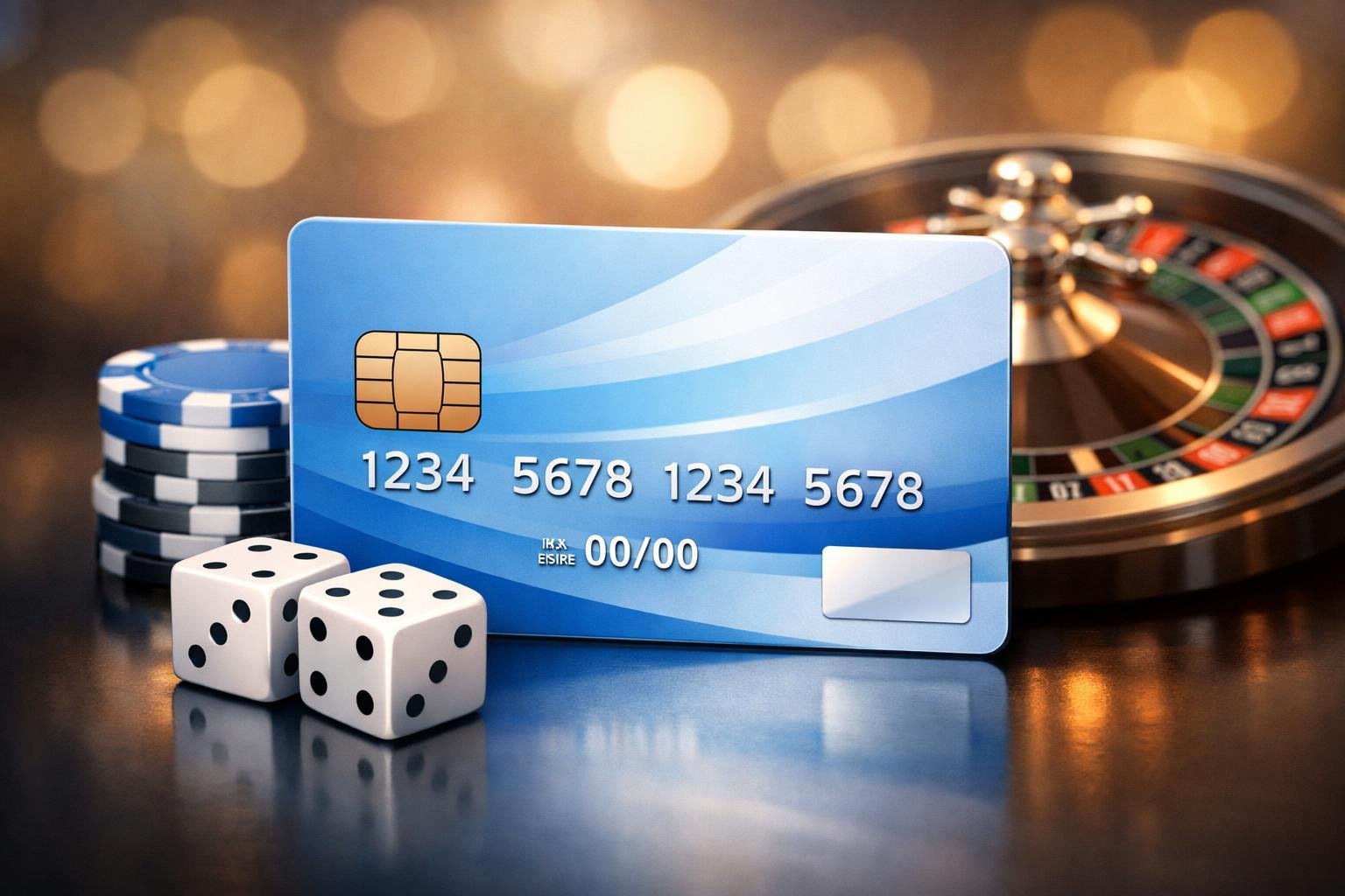 A Visa Electron Credit Card Surrounded By Poker Chips, Dice, And A Roulette Wheel Representing Casino Payment.