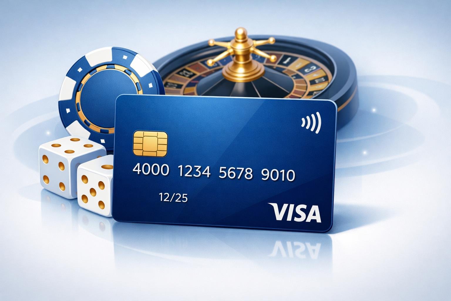 A Visa Credit Card Shown Alongside Casino Elements Like Chips, Dice, And A Roulette Wheel.