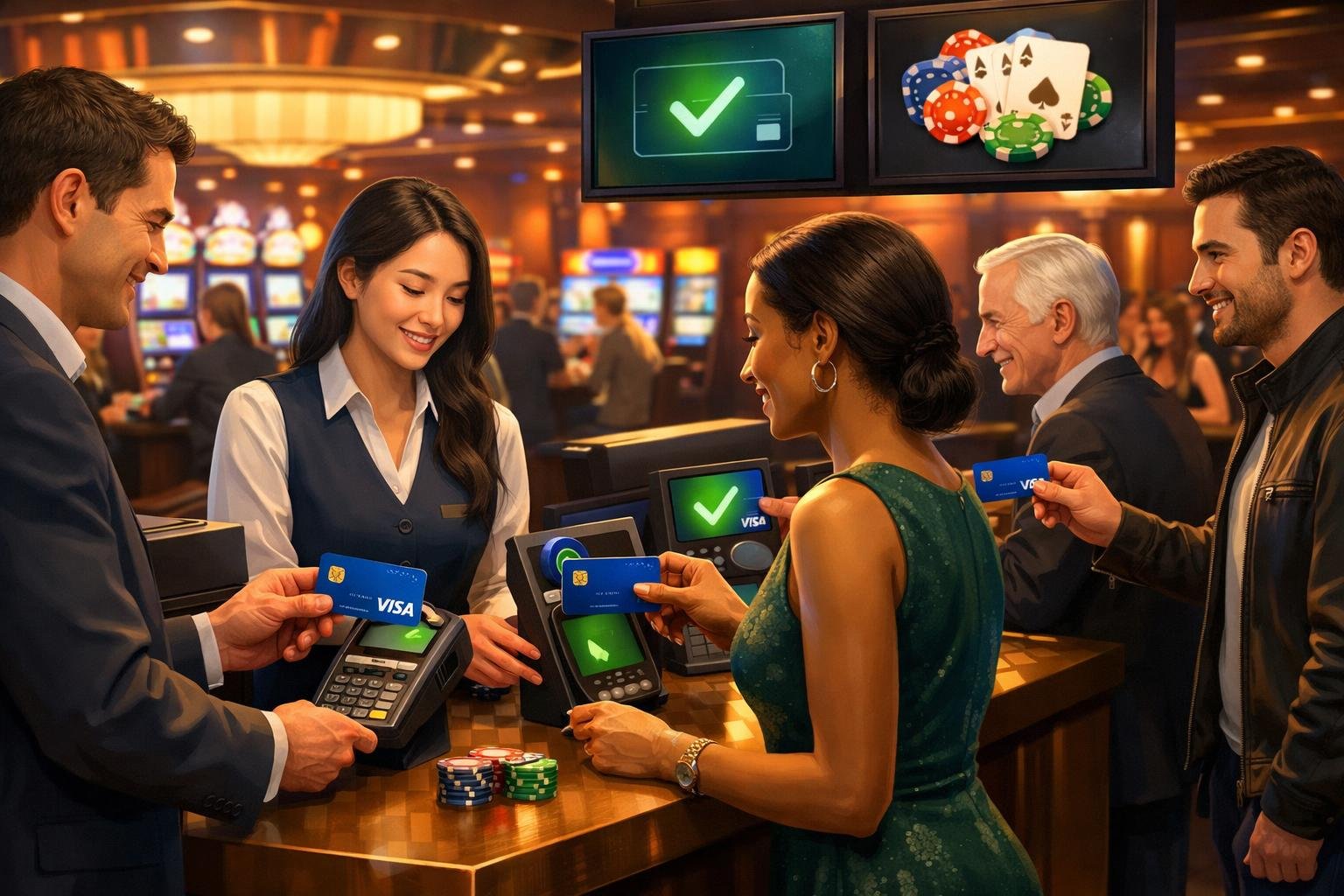 A Casino Scene Showing People Using Visa Cards To Make Payments At The Cashier Counter With Slot Machines And Poker Tables In The Background.