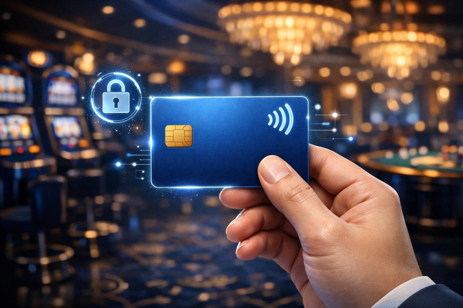 A Hand Holding A Visa Electron Card In Front Of A Casino With Slot Machines And Gaming Tables In The Background, Surrounded By Icons Representing Secure Digital Payments.