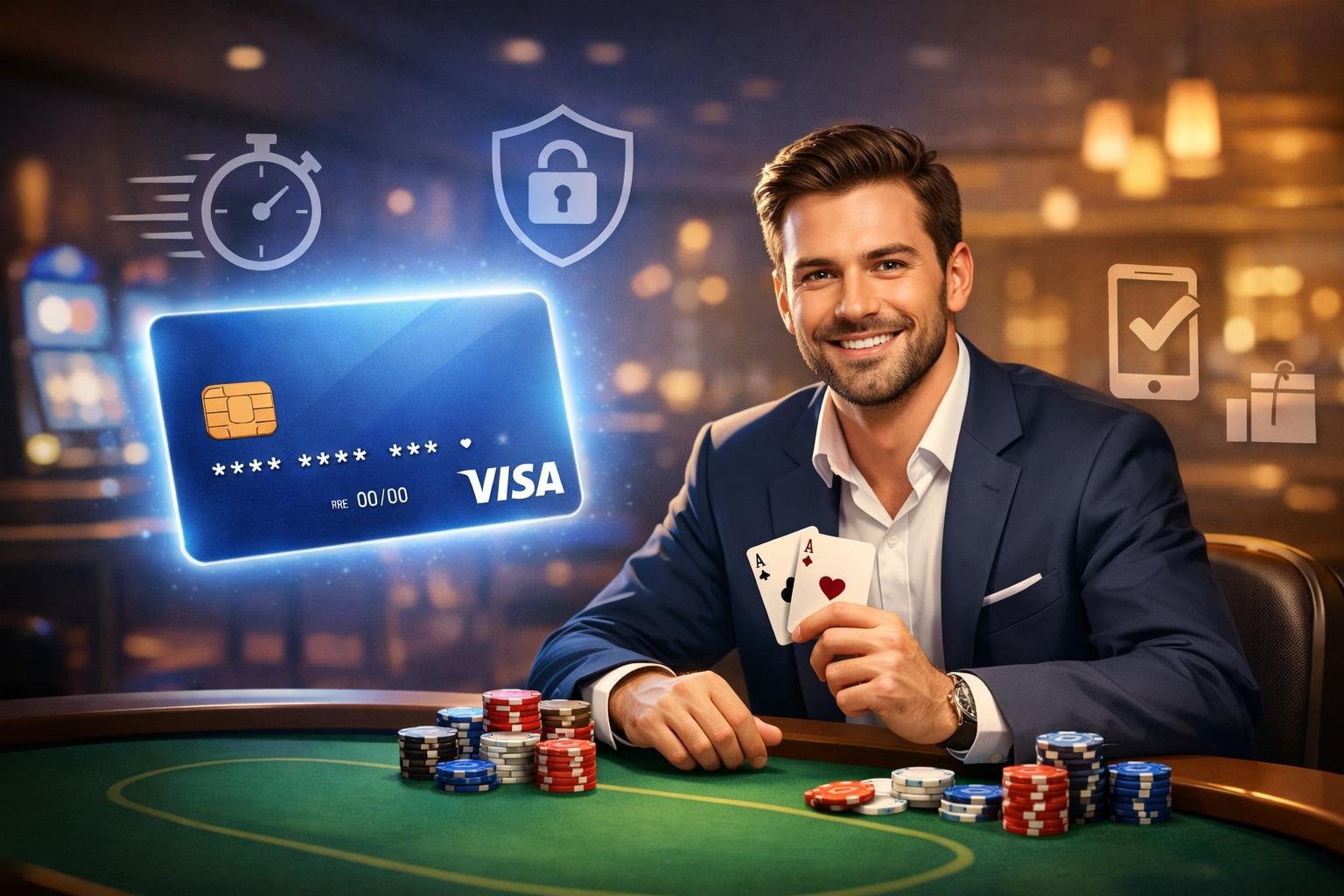 A Happy Player At A Casino Table With Playing Cards And Chips, Next To A Glowing Visa Card Symbolizing Secure And Easy Payments.