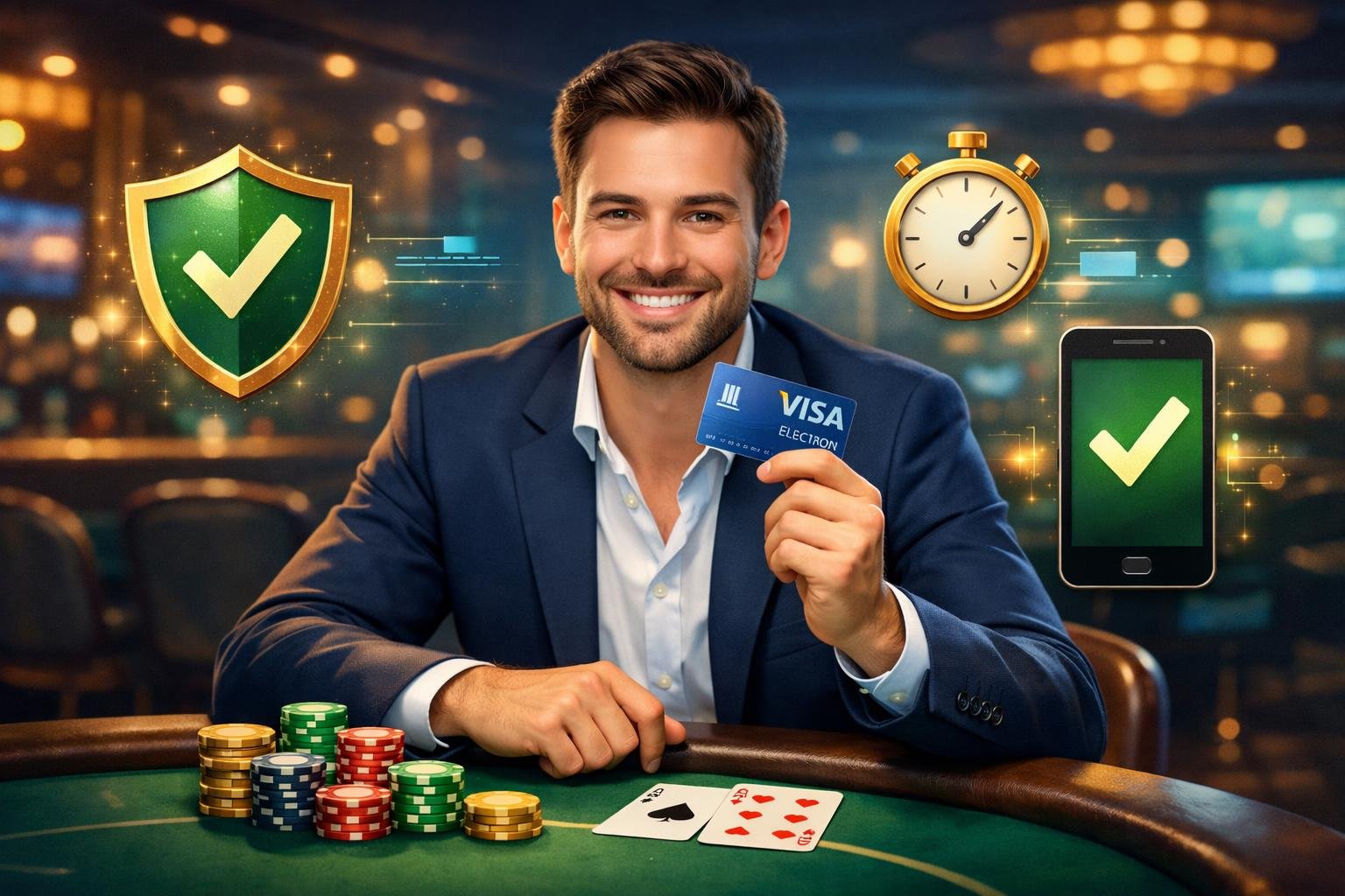 A Player At A Casino Table Holding A Visa Electron Card, Surrounded By Icons Representing Security, Speed, And Convenience.