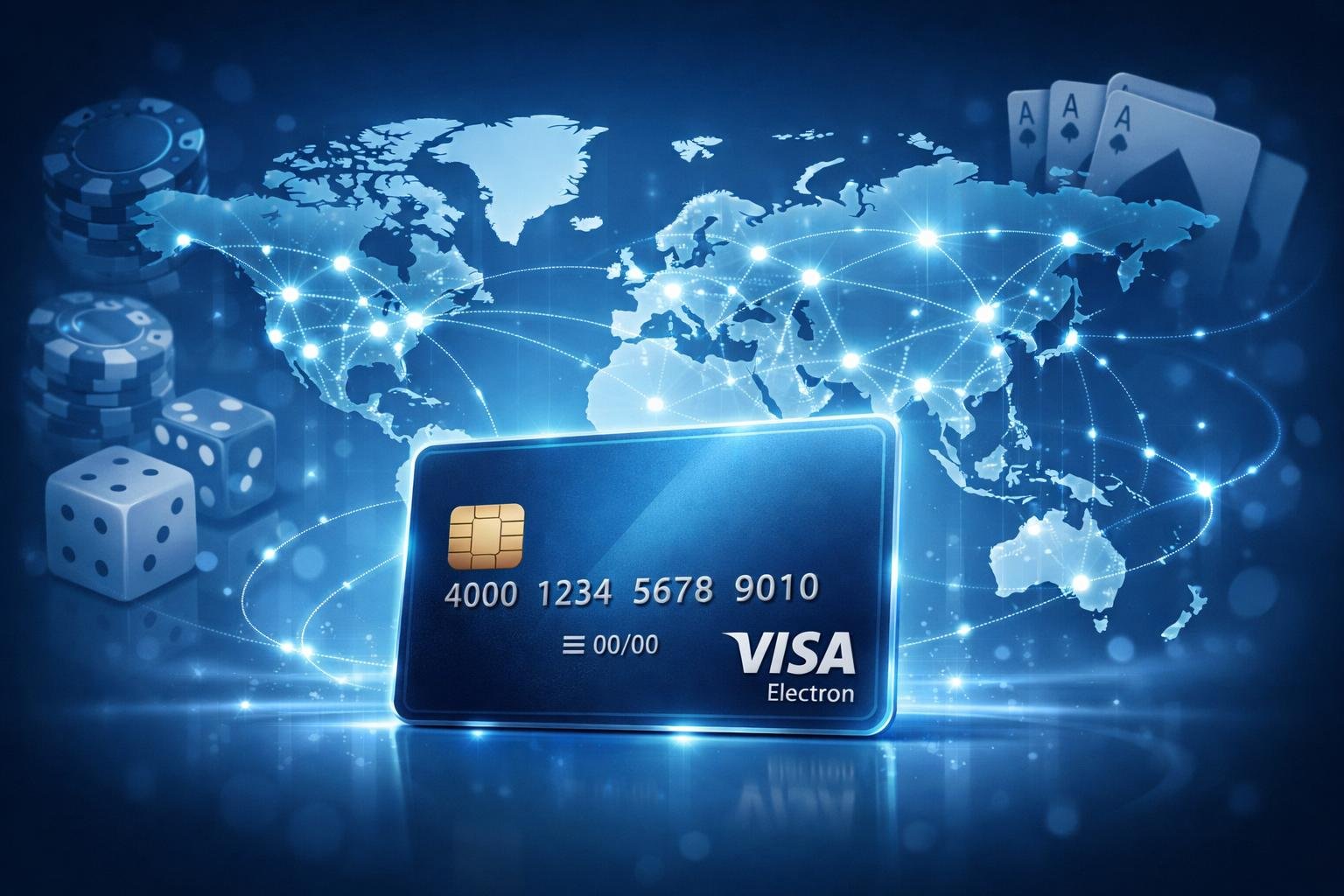 A Credit Card In Front Of A World Map With Connecting Lines And CasinoRelated Icons Around It, Symbolizing Global Payment Compatibility.