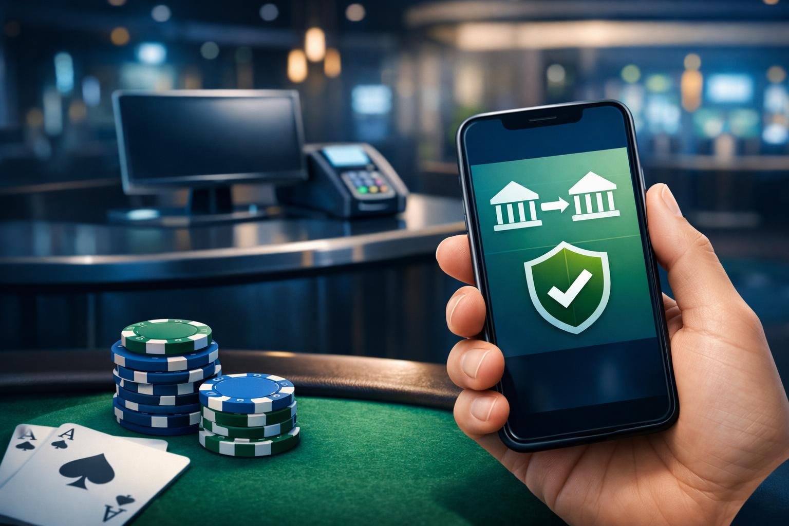 A Hand Holding A Smartphone Showing A Wire Transfer Confirmation Near Casino Chips And Cards, With A Casino Cashier Counter In The Background.