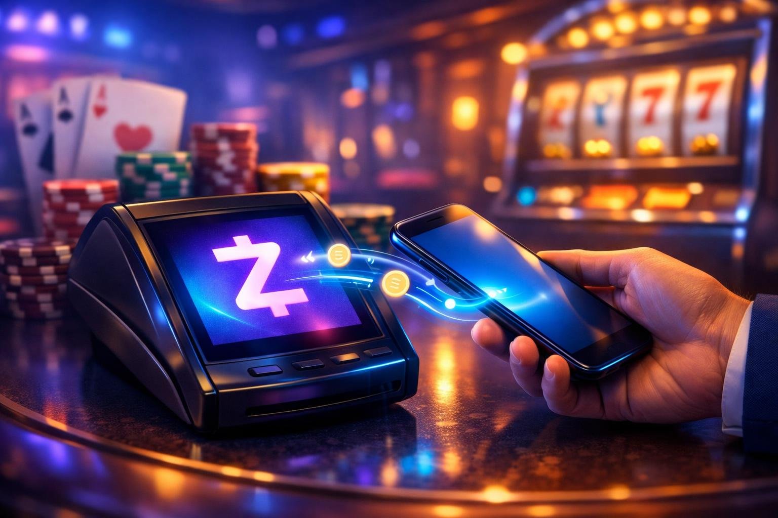 A Person Making A Digital Payment With A Smartphone At A Casino Payment Terminal Surrounded By Poker Chips And Slot Machines.