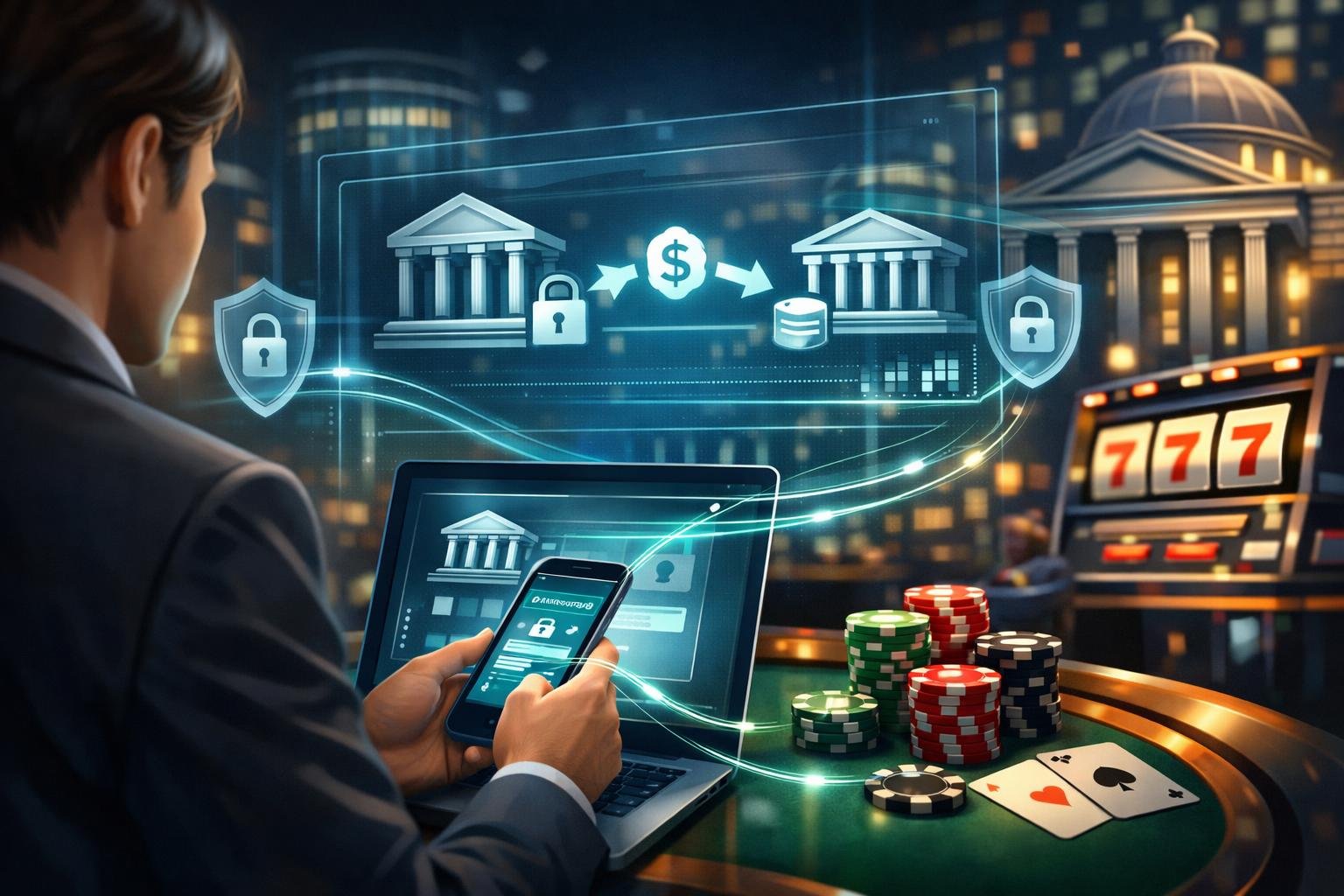 A Person Using A Laptop To Make A Wire Transfer Payment In A Casino Setting With Poker Chips And Slot Machines Nearby.