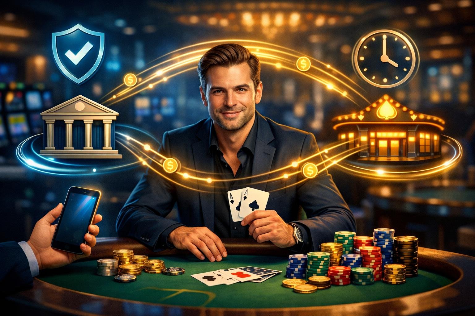 A Player At A Casino Table Receiving Secure And Fast Wire Transfer Payments, With Symbols Representing Safety And Convenience.