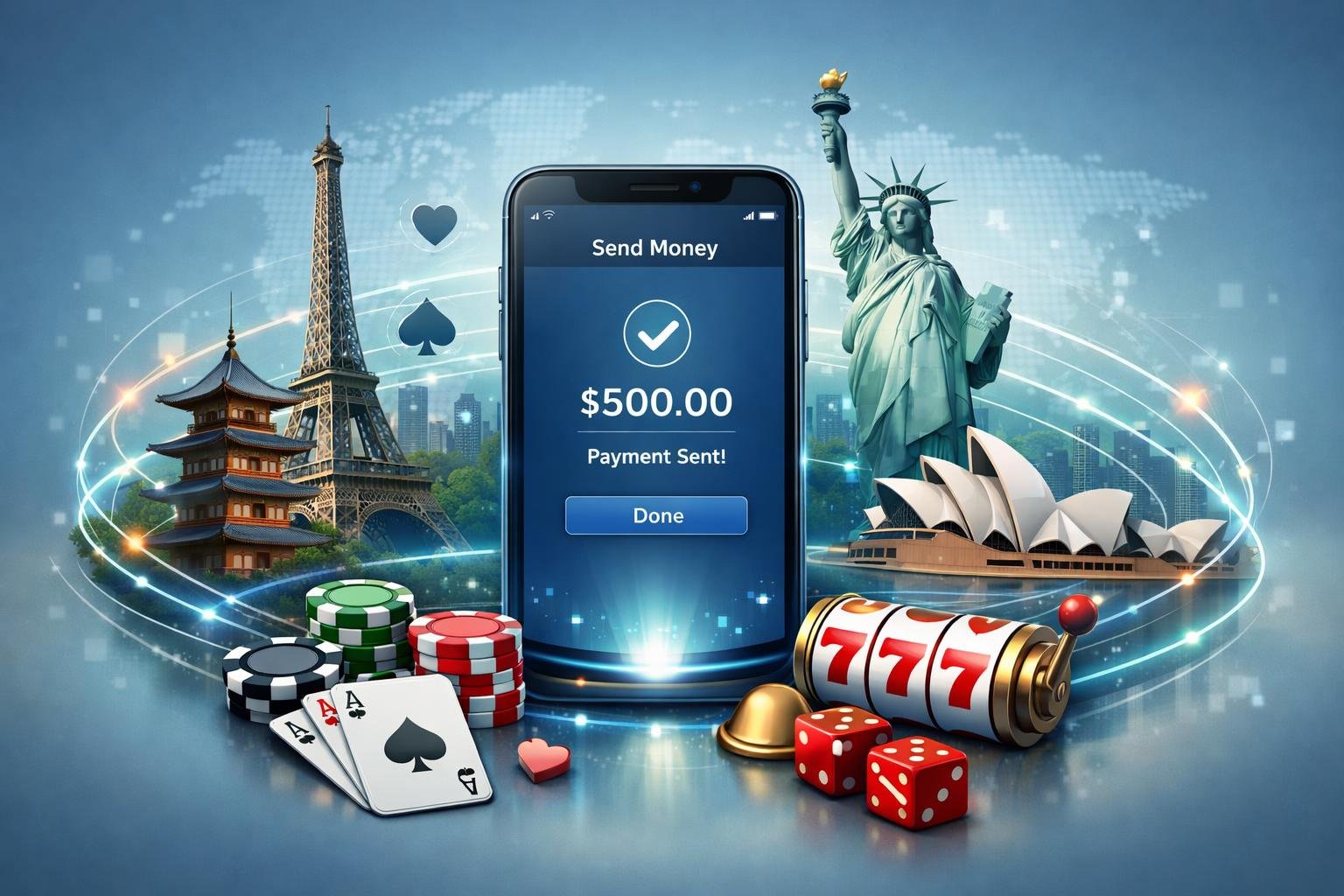 A Smartphone Showing A Digital Payment Interface Surrounded By Global Landmarks Connected With Glowing Lines, Along With Casino Elements Like Poker Chips And Playing Cards.