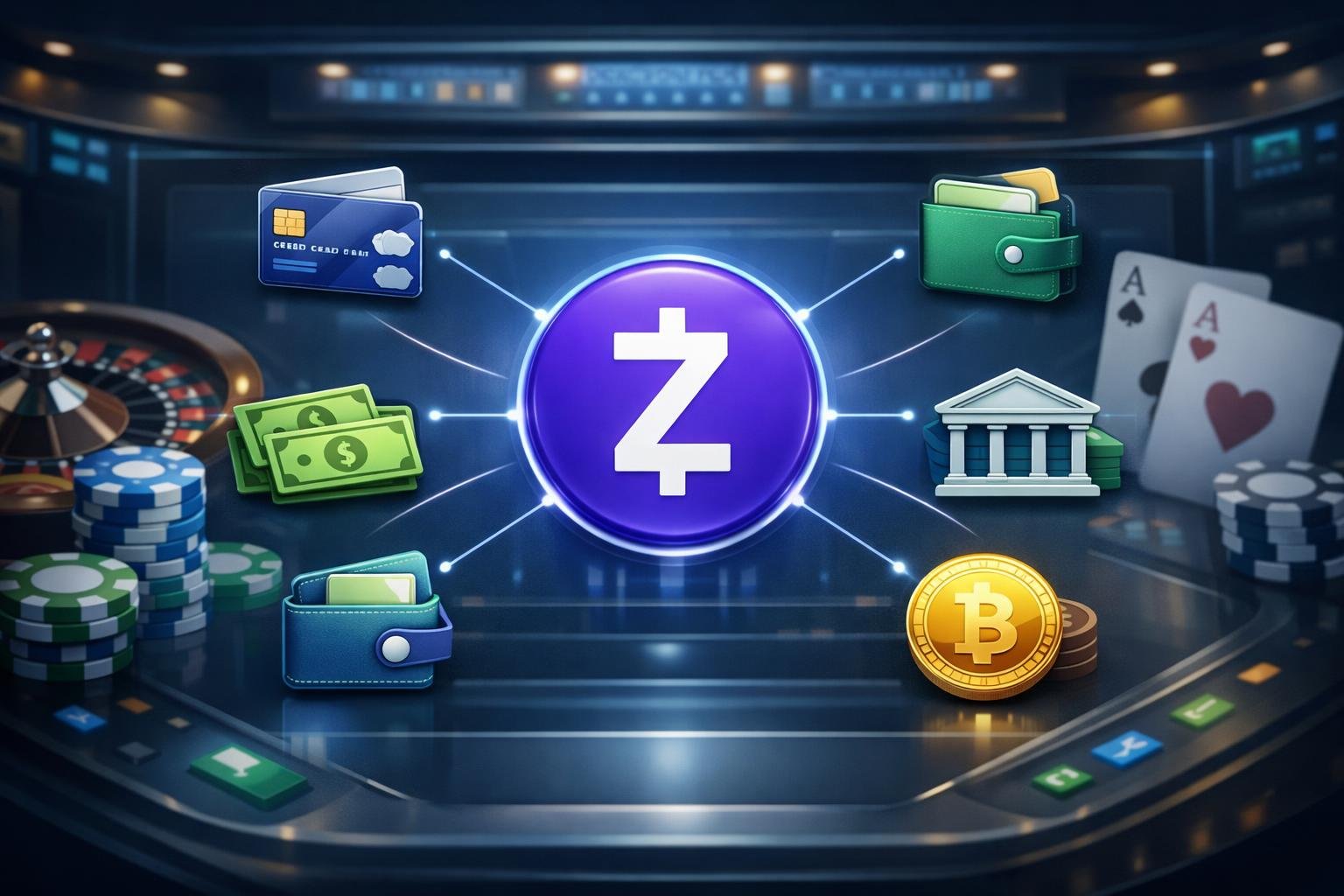 Digital Dashboard Showing Various Payment Method Icons Arranged Around A Central Zelle Logo With Casino Elements Like Chips And Cards In The Background.