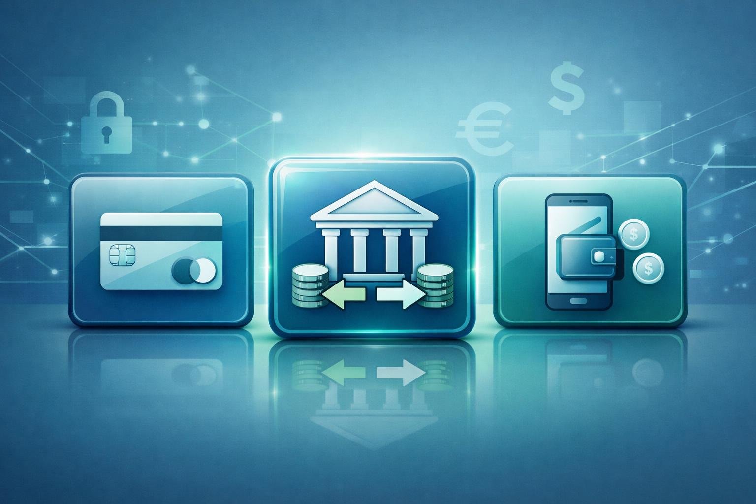Illustration Showing Various Payment Method Icons Including A Bank Building Representing Wire Transfer, Arranged Side By Side With Symbols Of Secure Online Transactions.