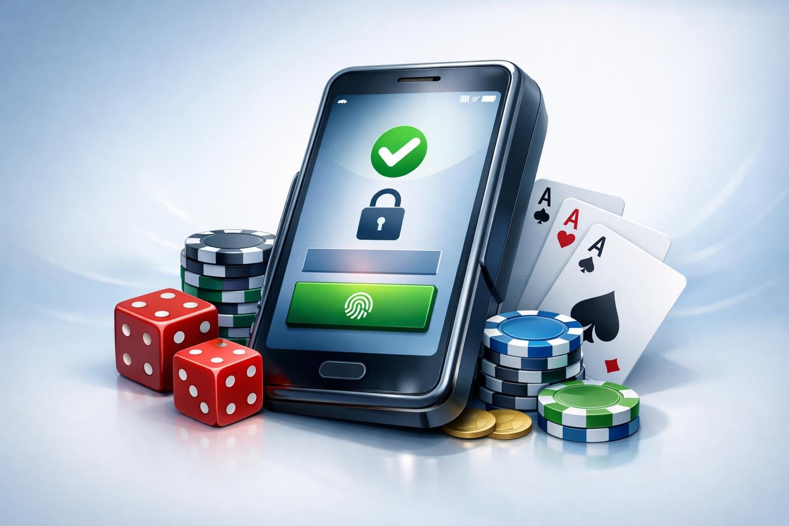A Digital Payment Device Surrounded By Casino Elements Like Playing Cards, Poker Chips, And Dice, Representing A Secure And Modern Casino Payment Method.