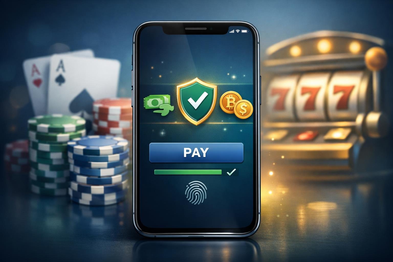A Smartphone Showing A Secure Payment Interface With Casino Elements Like Poker Chips And Playing Cards In The Background.