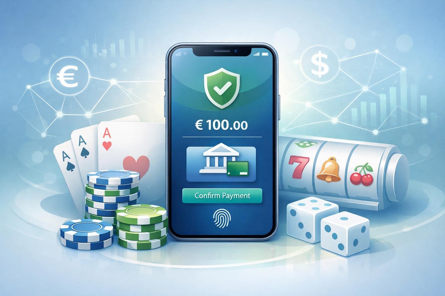 A Smartphone Showing A Secure Payment Screen Surrounded By Casino Elements Like Poker Chips And Playing Cards, Symbolizing A Digital Casino Payment Method.