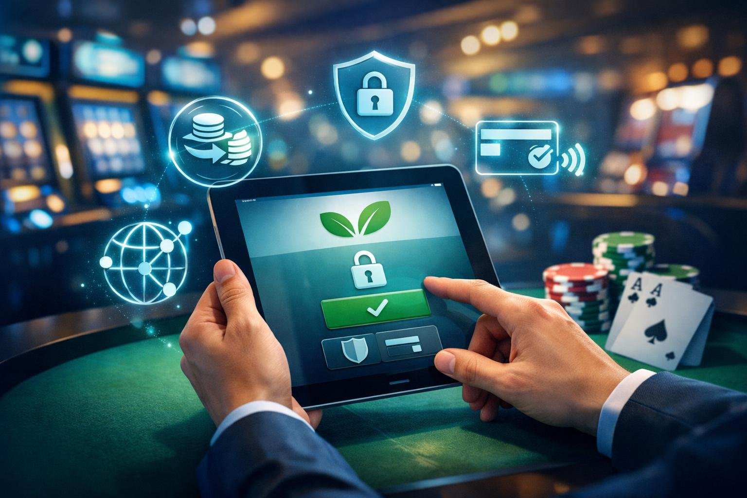 A Person Using A Smartphone To Make A Secure Payment In A Casino Setting With Digital Icons Representing Money Transfer And Security Around The Device.