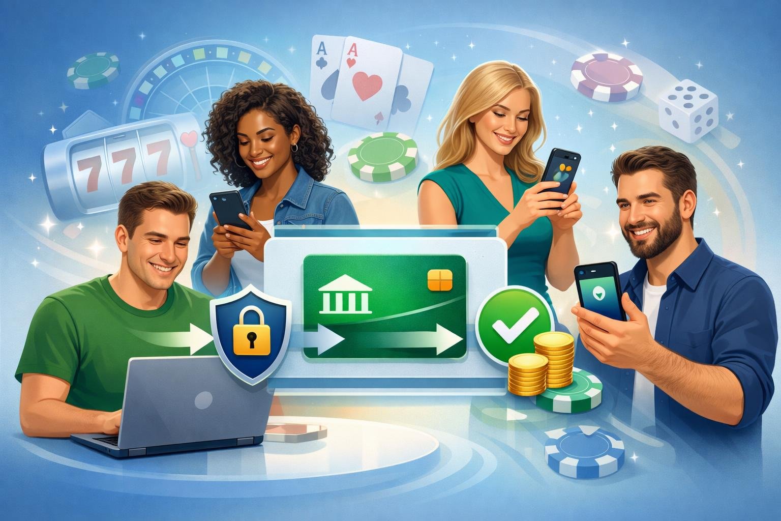 A Group Of Diverse Players Using Laptops And Smartphones With Digital Casino Elements And Secure Payment Icons Representing Easy And Safe Transactions.