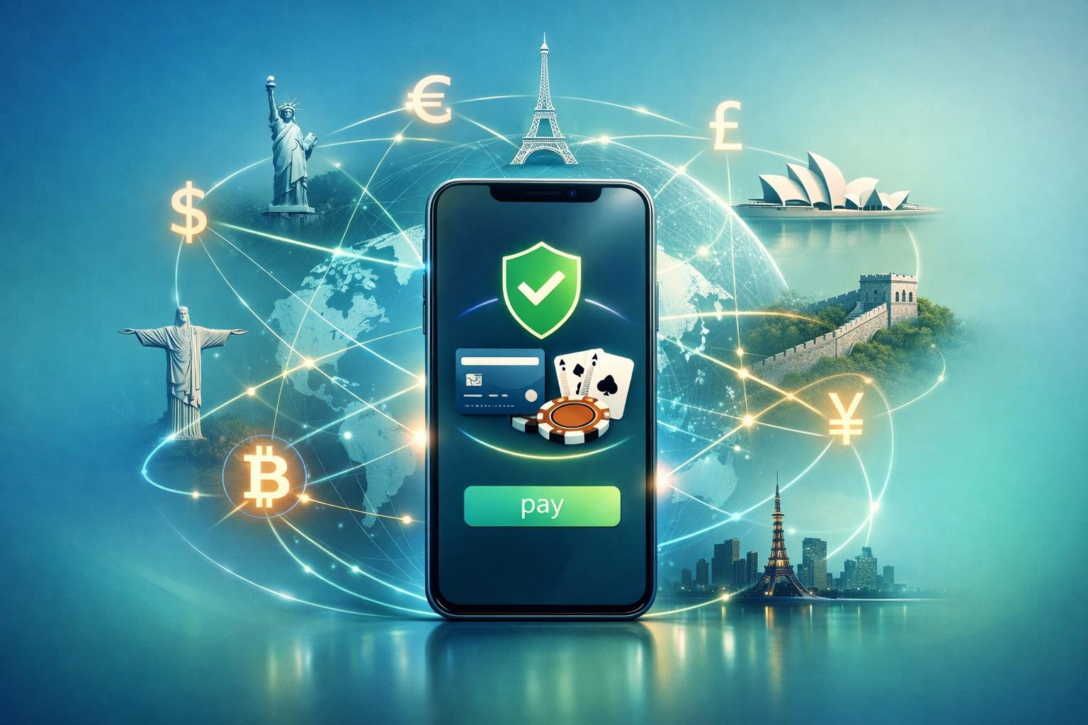 A Smartphone Displaying A Digital Payment Interface Connected By Glowing Lines To Global Landmarks And Currency Symbols, Representing Worldwide Payment Compatibility.