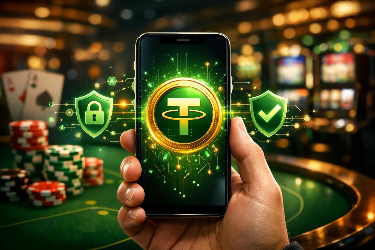 A Hand Holding A Smartphone Showing A Glowing Tether Coin Icon With Casino Elements Like Poker Chips And Playing Cards In The Background.
