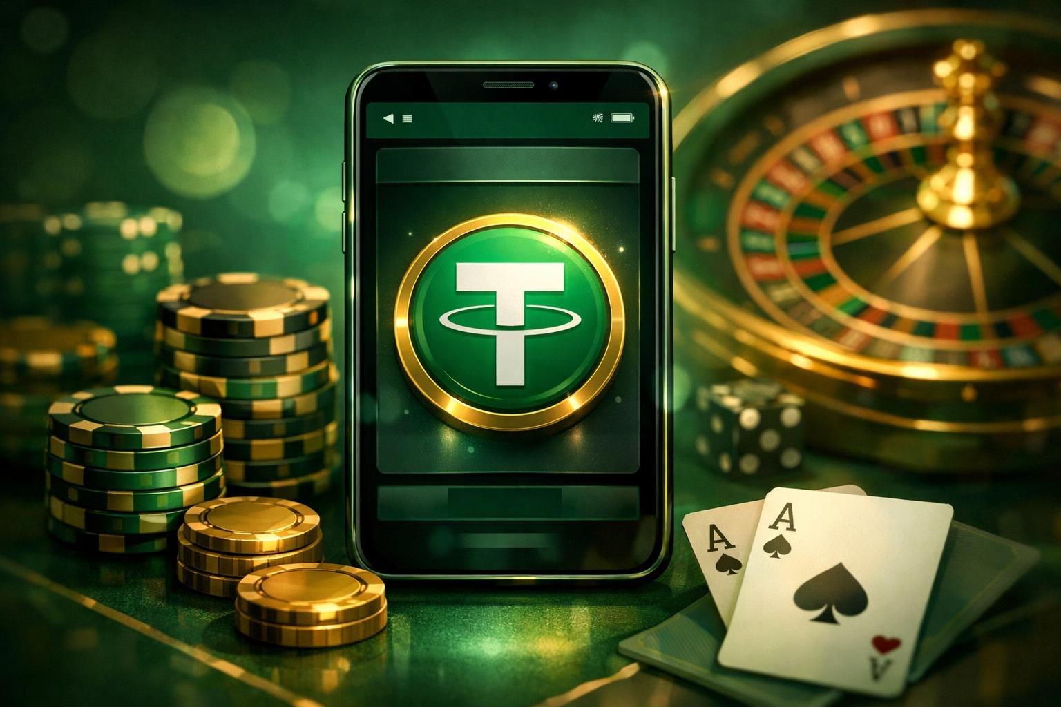 A Digital Wallet Showing A Tether Coin Symbol With Poker Chips, Playing Cards, And A Roulette Wheel In The Background.