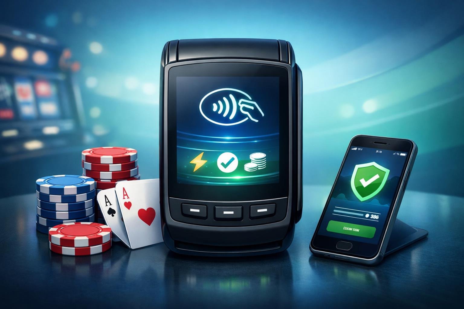A Digital Payment Terminal Surrounded By Casino Chips, Playing Cards, And A Smartphone, Representing A Fast And Secure Casino Payment Method.