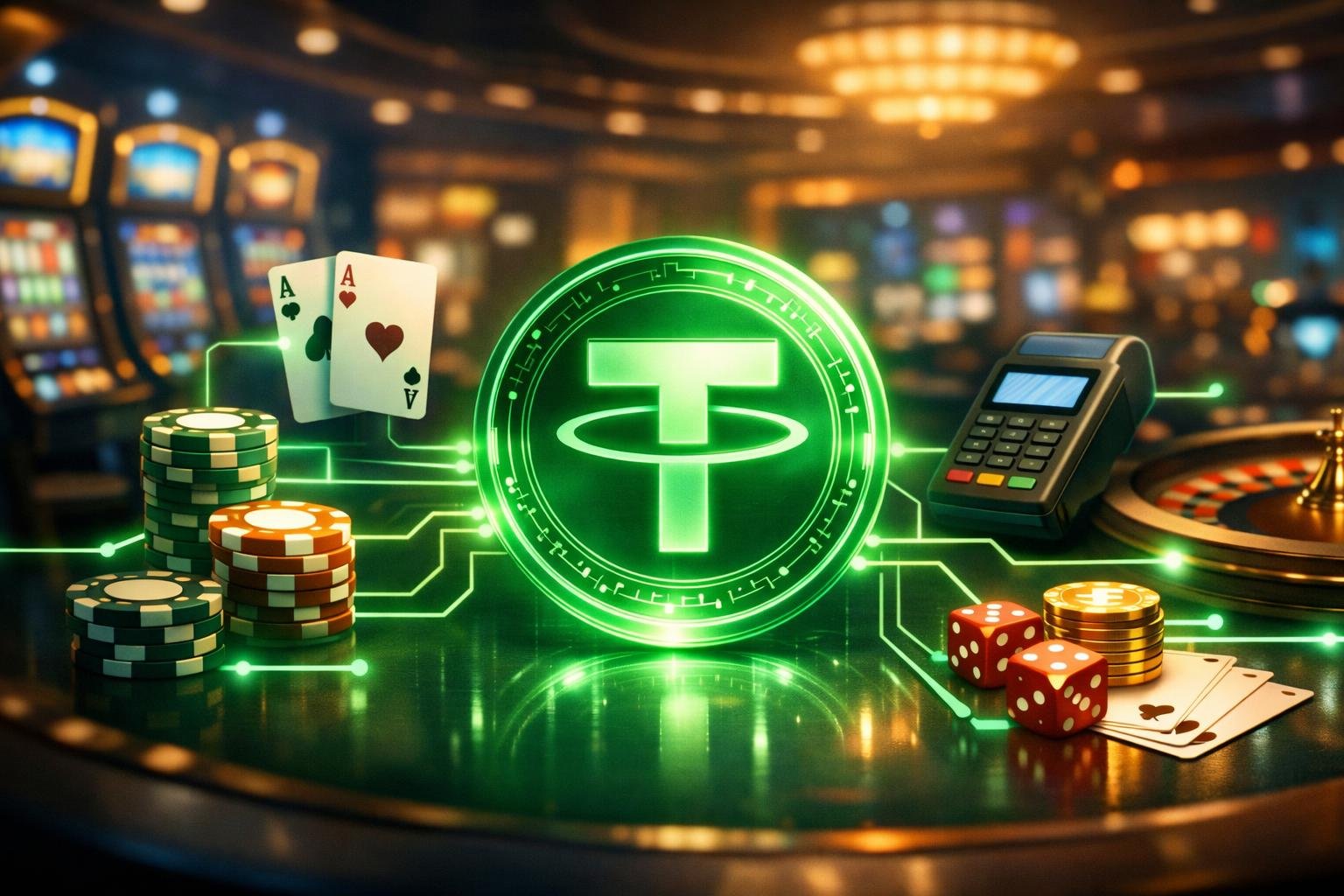 A Casino Scene Showing A Digital Tether Coin Connected To Casino Chips, Cards, And A Payment Terminal, Representing Cryptocurrency Payment In Casinos.