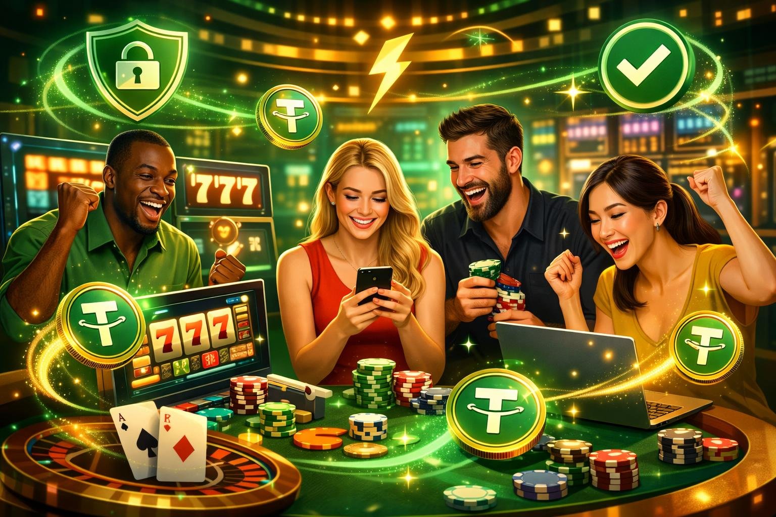 A Group Of Diverse Players Enjoying An Online Casino With Digital Slot Machines And Poker Chips, Surrounded By Floating Tether Cryptocurrency Coins And Icons Representing Fast And Secure Payments.