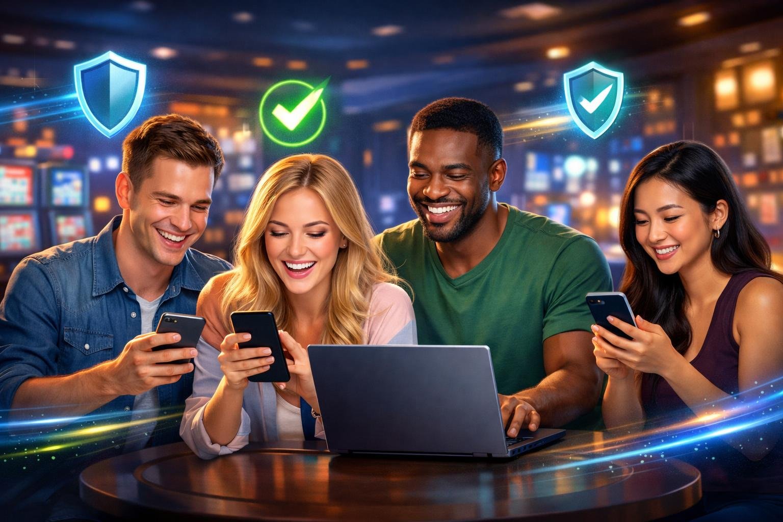 A Group Of Happy Casino Players Using Smartphones And Laptops With Symbols Of Security And Fast Payments Around Them In A Modern Casino Setting.