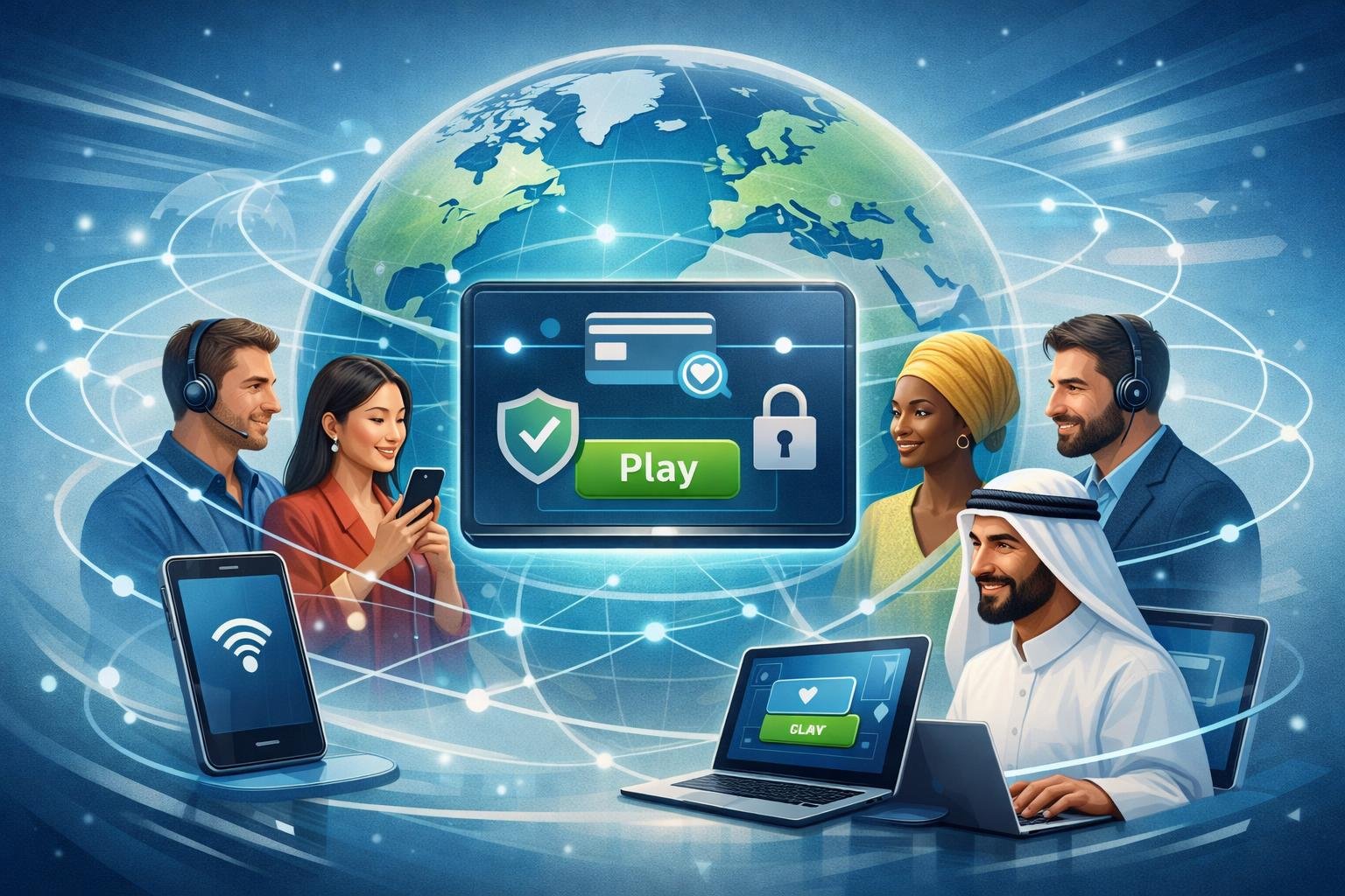 A Digital Payment Interface Connected To A Globe With Diverse People Around It, Representing Global Compatibility And Seamless Online Transactions.