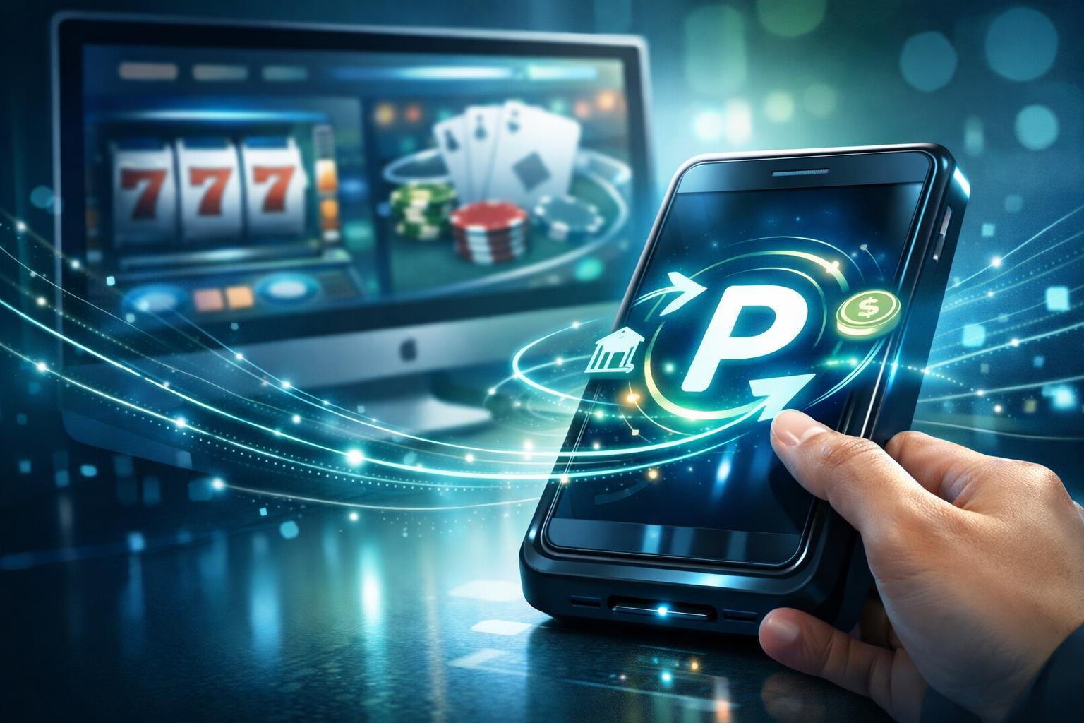 A Hand Using A Smartphone To Make A Secure Online Casino Payment With Digital Icons And A Modern Casino Interface In The Background.
