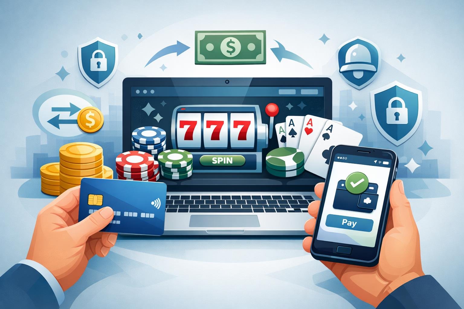 A Hand Holding A Mobile Device Showing A Digital Wallet In Front Of A Laptop With Casino Symbols And Security Icons Around, Illustrating An Online Casino Payment Method.