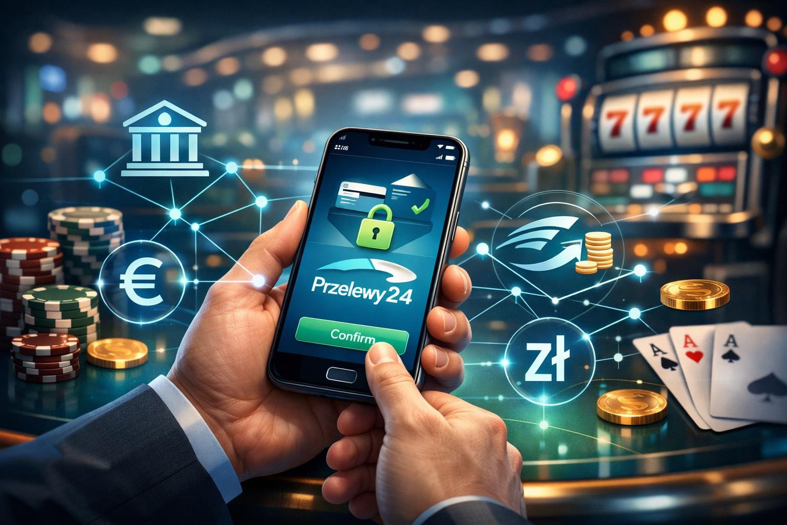 A Person Using A Smartphone To Make A Secure Digital Payment In A Casino Setting With Poker Chips And Slot Machines In The Background.