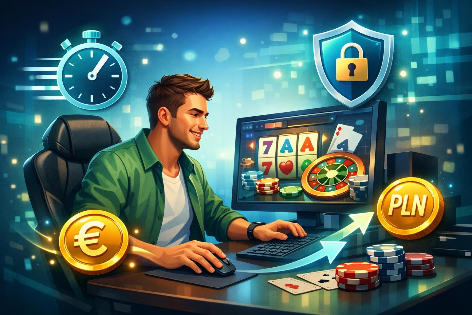 A Player Sitting At A Computer Using An Online Casino With Icons Representing Fast, Secure, And Easy Payments Around Them.