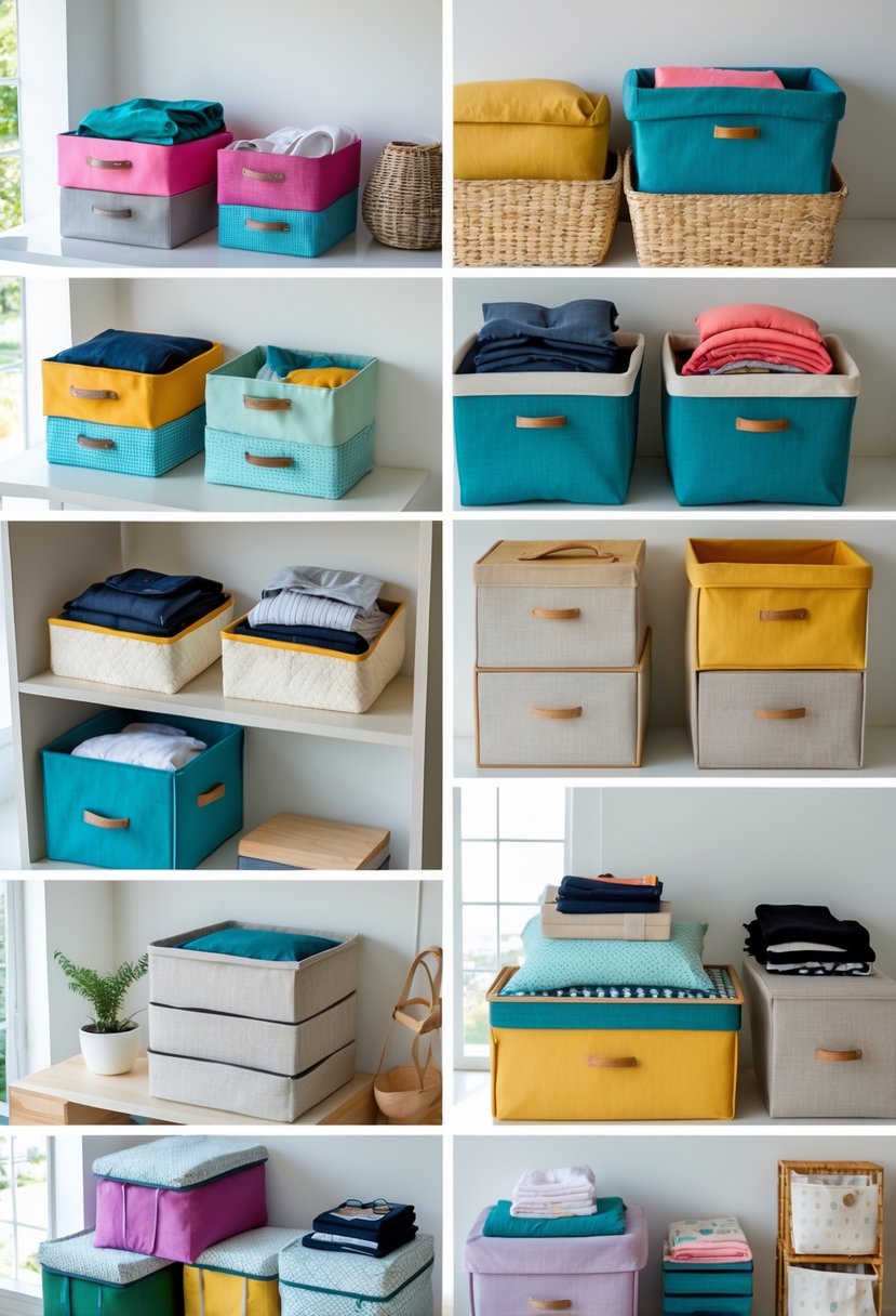 A room displaying 15 different fabric storage solutions including fabric bins, baskets, shelves, and boxes filled with clothes and household items.