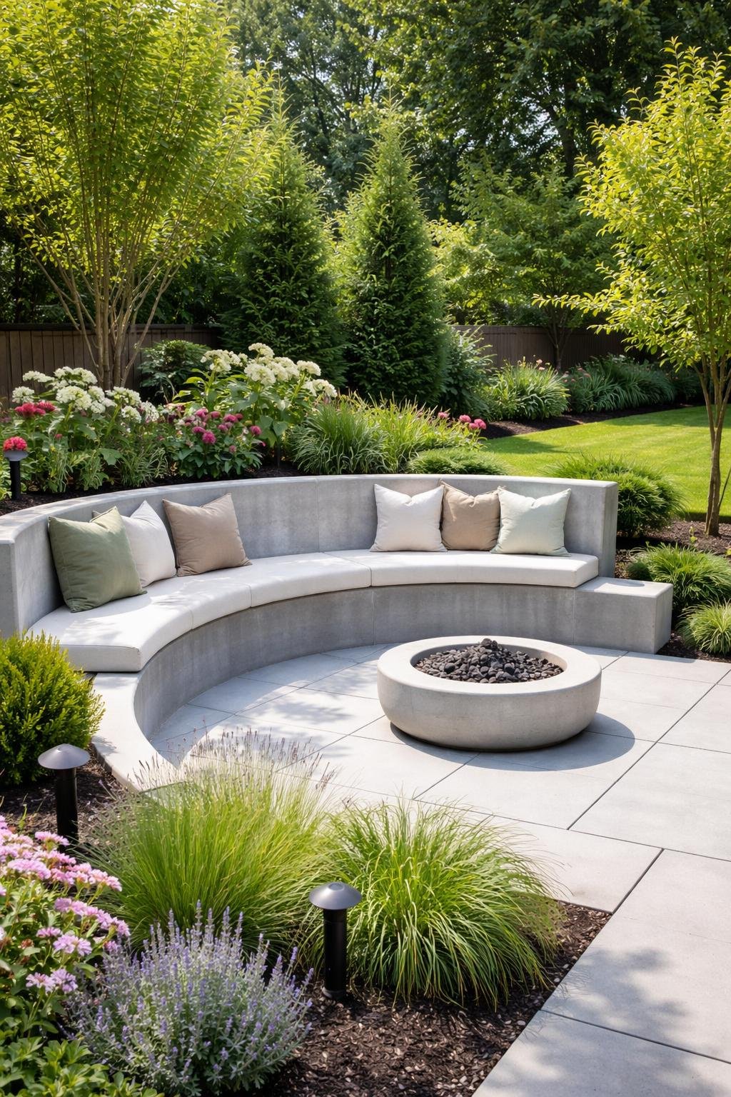Curved concrete bench built into a corner of a garden surrounded by plants, flowers, and greenery in a backyard.