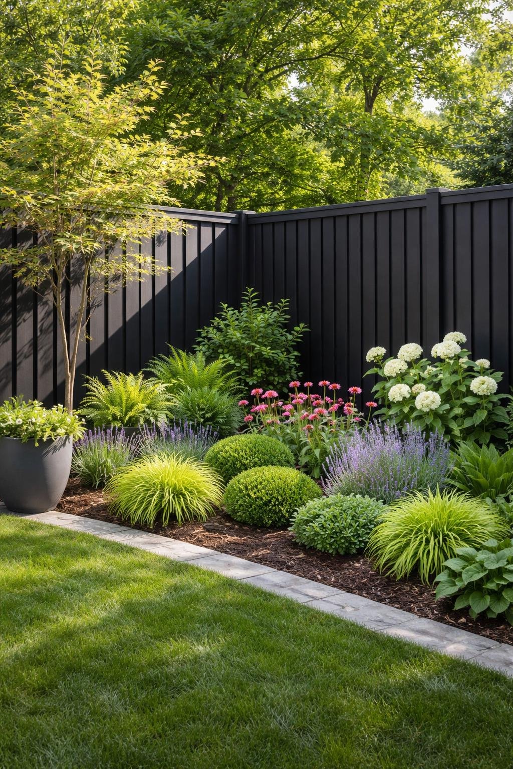A backyard corner garden with black vertical slat fencing and various green plants and flowers.