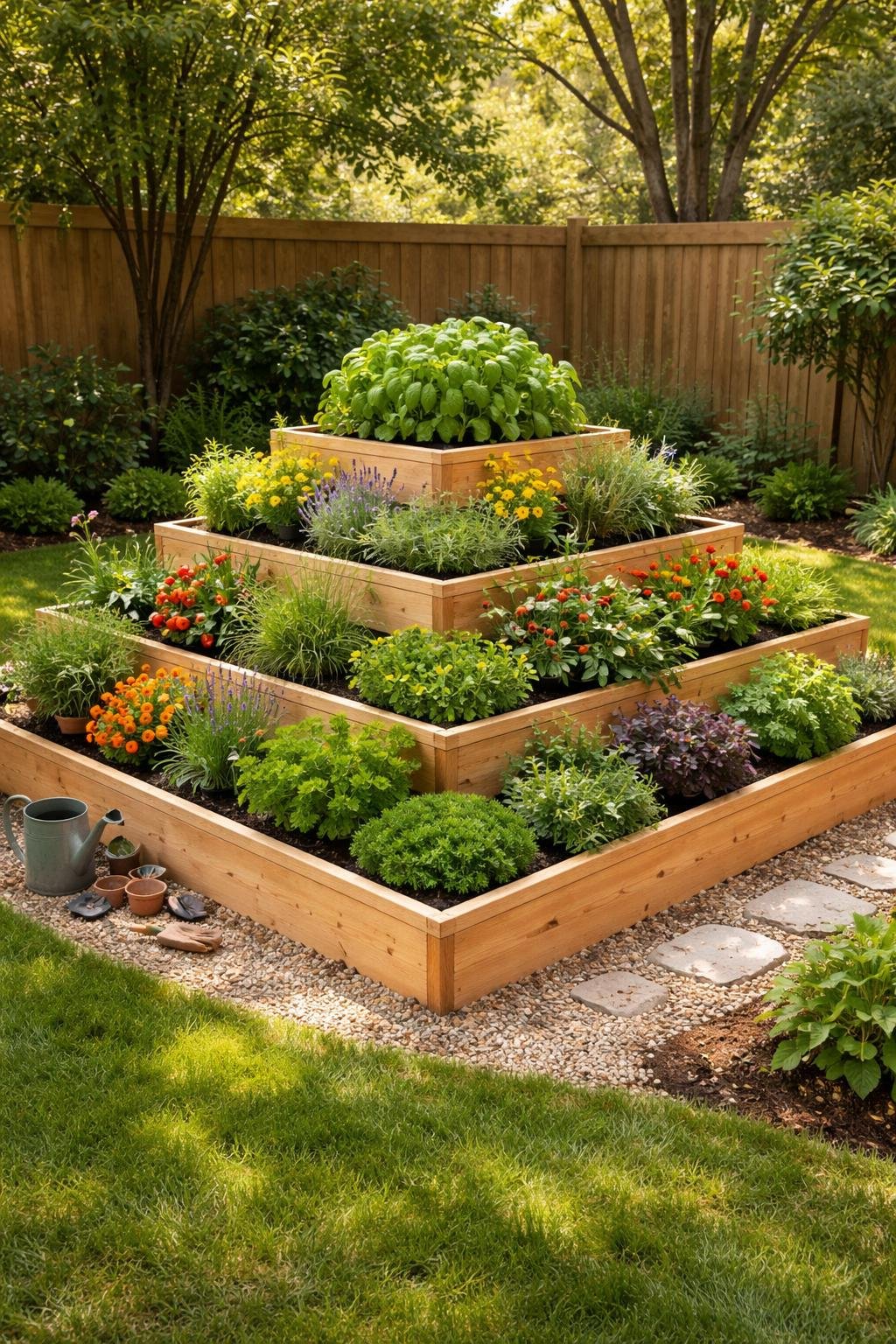 Backyard corner garden with tiered wooden raised beds filled with herbs and flowers, surrounded by grass and trees.