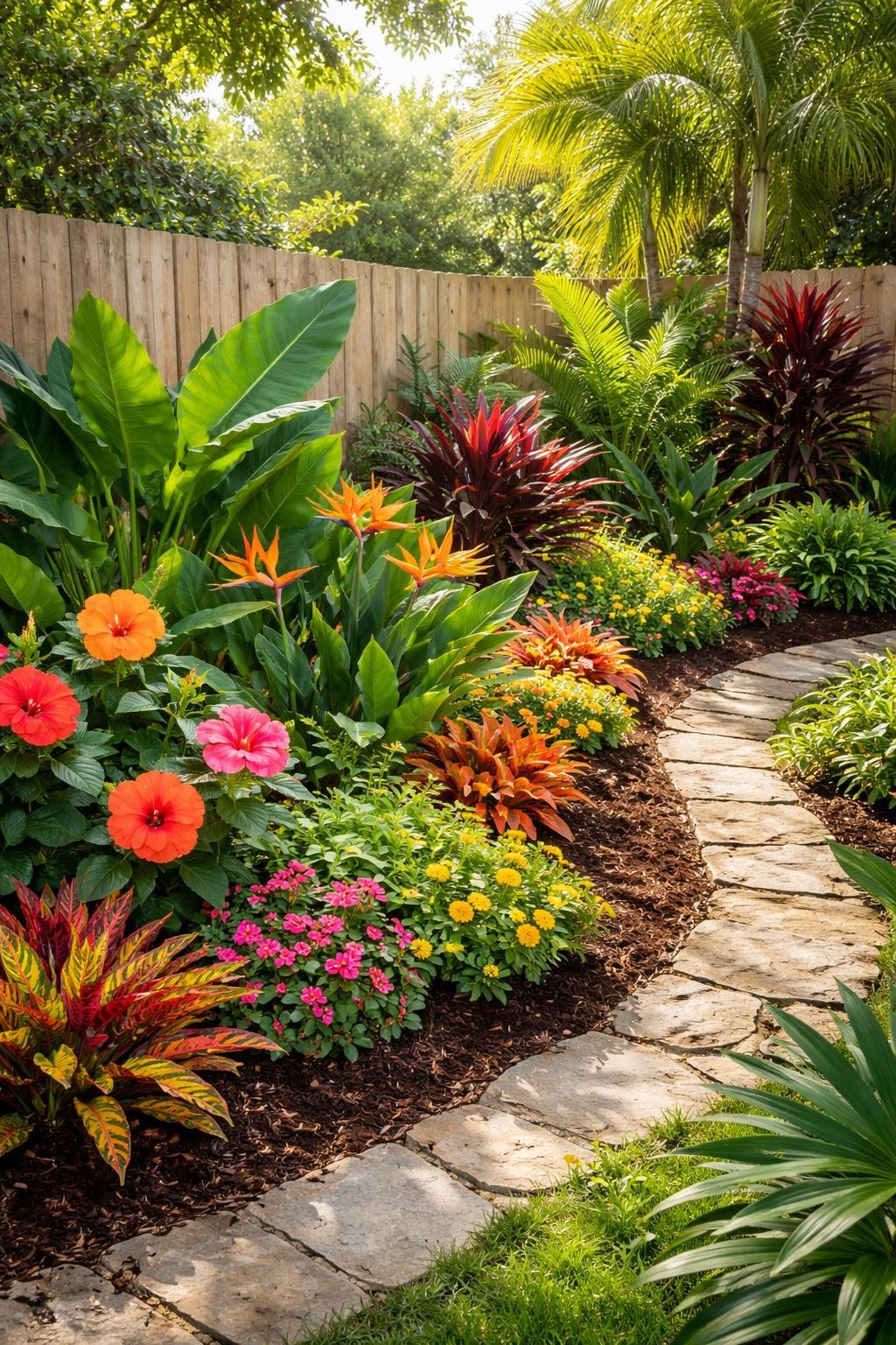 A backyard corner garden with lush tropical plants and colorful flowers surrounded by a wooden fence and a stone pathway.
