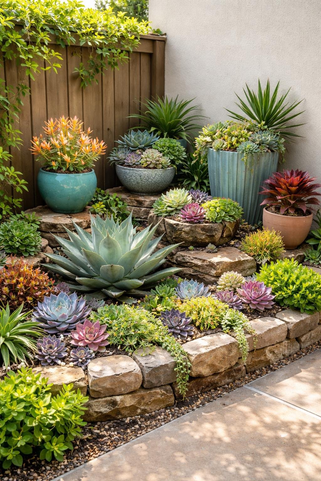 A compact corner garden with various succulents arranged in pots and soil, bordered by stone and wood, in a backyard setting.