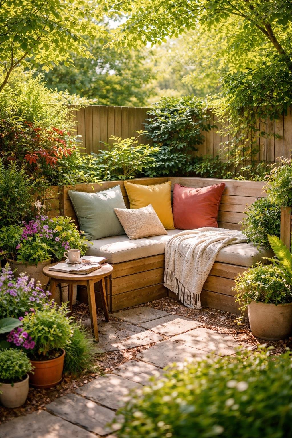 A cozy outdoor corner with a built-in wooden bench surrounded by green plants and flowers, featuring cushions, a blanket, and a small table with a cup and an open book.