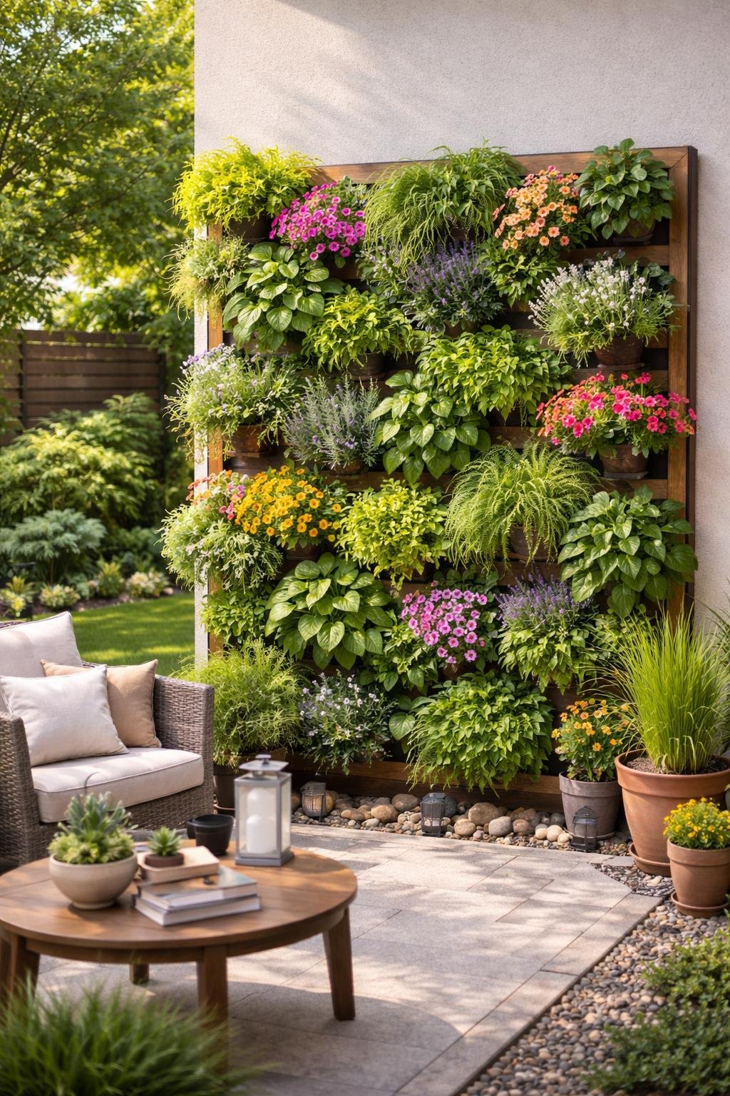 A vertical garden wall with various green plants and flowers in a small backyard corner with outdoor furniture and natural sunlight.