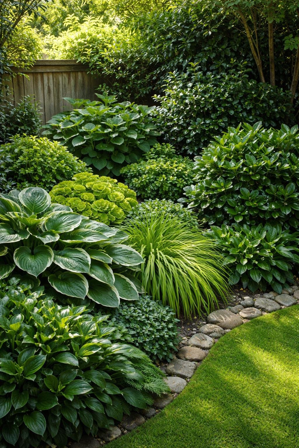 A backyard corner garden with dense planting beds full of glossy green leaves and various healthy plants.