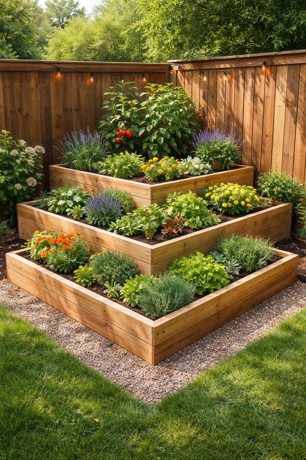 A backyard corner garden with multi-level wooden planter boxes filled with various green plants and colorful flowers.