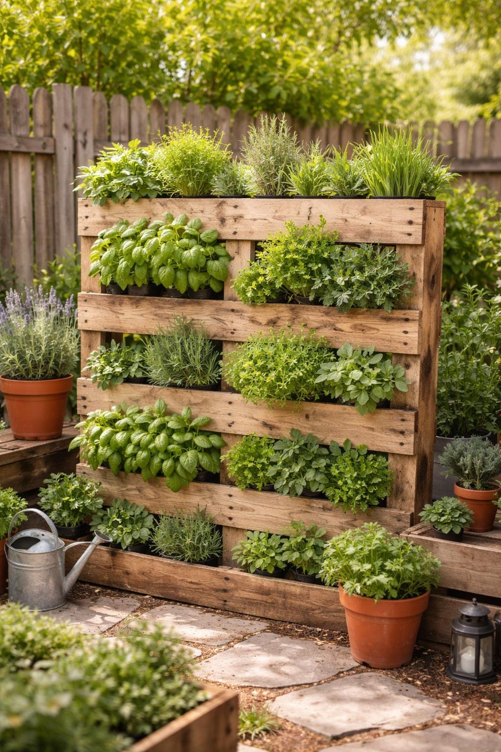 A backyard corner featuring a vertical herb garden made from recycled wooden pallets filled with various green herbs.