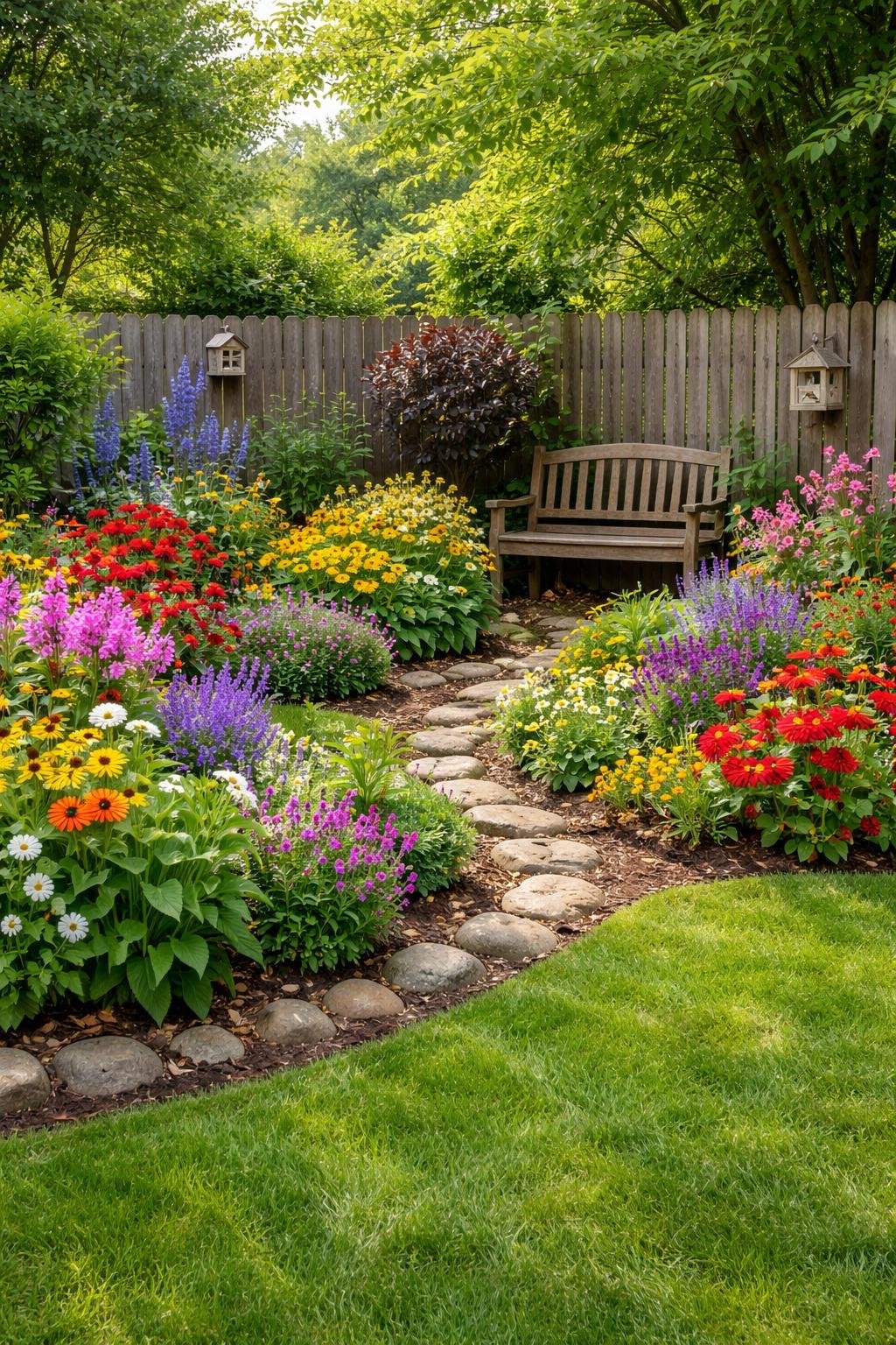 A backyard corner garden filled with a variety of colorful flowering plants and green foliage, featuring a wooden bench and a wooden fence in the background.